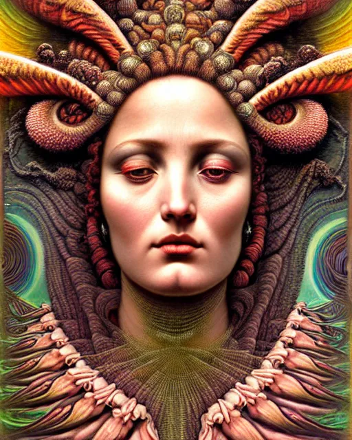 Prompt: hyperrealistic detailed face portrait of the beautiful goddess of the volcanos with an intricate headdress of an erupting volcano, art by ernst haeckel, john william godward, android jones, h. r. giger, gothic - cyberpunk, ornamental, dimmed pastel colours,