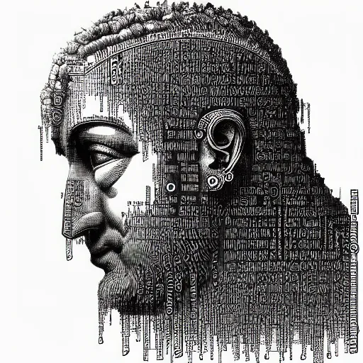 Image similar to A realistic profile picture of a deity-of-language by Gustave Dore in ASCII art style