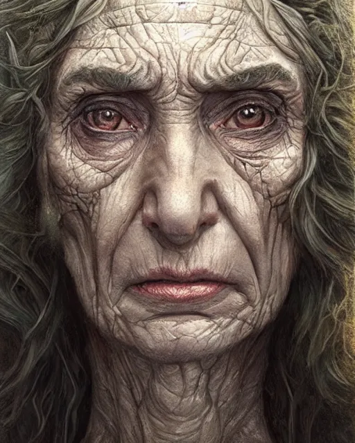 Image similar to Portrait of gal gadot as a wicked 100 year old witch, old wrinkled gal gadot by Tomasz Alen Kopera and greg rutkowski and enki bilal, glowing eyes, sad, masterpiece