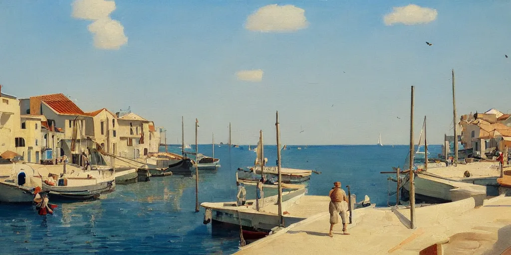 Image similar to a beautiful extremely complex painting of a mediterranean fishing village in summer by peter ilsted, whitewashed housed, tall cypress trees, blue shutters on windows, people walking down a street, fishing boats in the water, beautiful blue water, trending and featured on artstation and behance