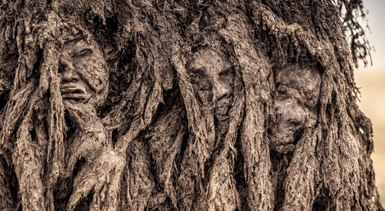 Image similar to close-up of a crying ancient dried up Oshun, peaceful, facing the camera and standing in front of a dried up river in a desolate land, dead trees, blue sky, hot and sunny, highly-detailed, elegant, dramatic lighting, artstation, 4k, cinematic landscape, photograph by Elisabeth Gadd