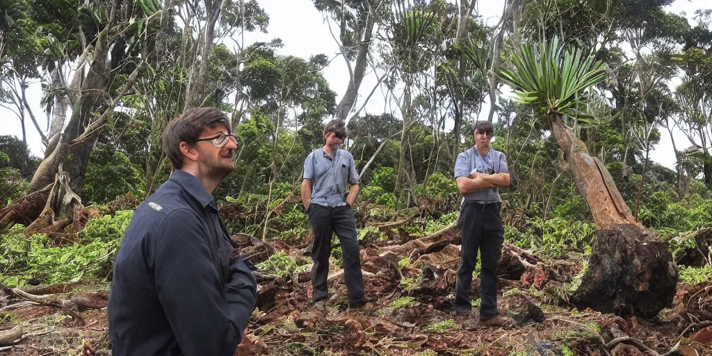 Image similar to bbc tv presenter louis theroux interviewing men cutting down extremely large kauri trees. great barrier island, 1 9 3 0 s tv show. beach with large boulders in background. nikau palms.