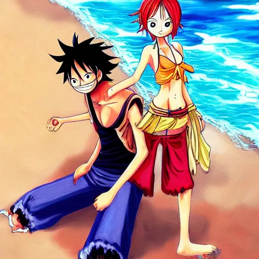 Prompt: luffy from one piece, anime art, pixiv, luffy is on the beach with nami