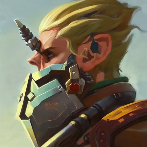 Image similar to greg manchess portrait painting of armored link from legend of zelda as overwatch character, medium shot, asymmetrical, profile picture, organic painting, sunny day, matte painting, bold shapes, hard edges, street art, trending on artstation, by huang guangjian and gil elvgren and sachin teng