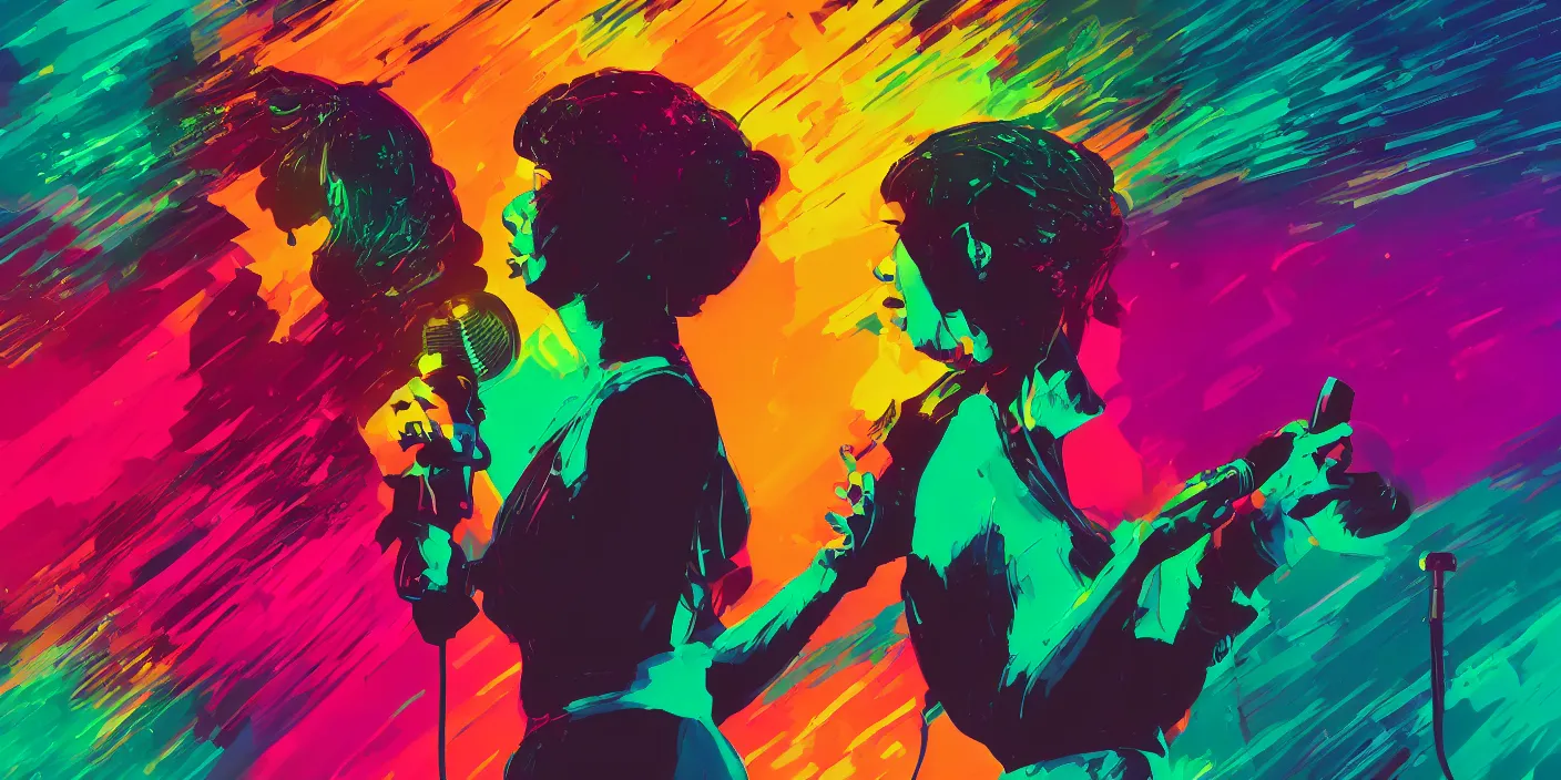 Prompt: woman rapping into microphone, silhouette, huge crowd, outrun, hip hop, digital art, Aurora borealis, trending on Artstation, professional artist, detailed, 4k