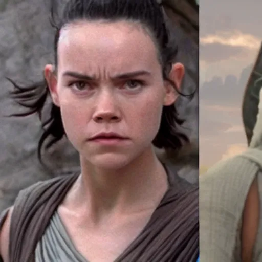 Image similar to Rey from Star Wars twenty years older as a Jedi Master