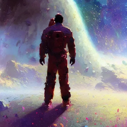 Image similar to a man lost in space, lonely, beautiful, cosmic, craig mullins, colourful