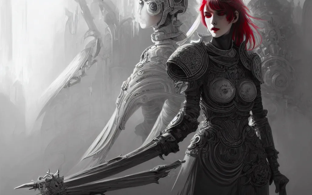 Image similar to portrait grey hair knights of zodiac girl + smoky eyes, matt black / little red color armor in ruined agora of athens, ssci - fi and fantasy, intricate and beautiful and elegant, highly detailed, digital painting, artstation, concept art, smooth and sharp focus, illustration, art by tian zi and wlop and alphonse mucha