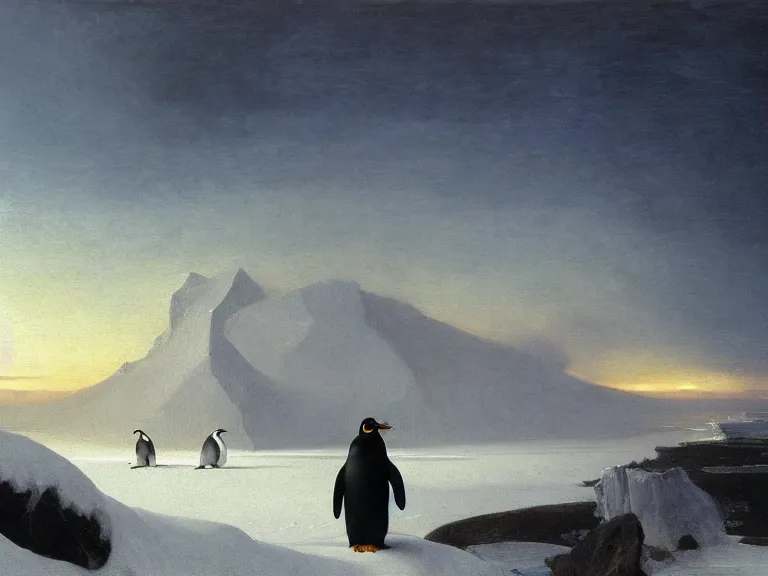 Image similar to an oil painting of a penguin next to a frozen ocean and a misty glacier at dusk. aurora. by tuomas korpi moebius and carl spitzweg. baroque elements. intricate artwork by caravaggio. oil painting. oil on canvas. award winning. dramatic. trending on artstation. 8 k