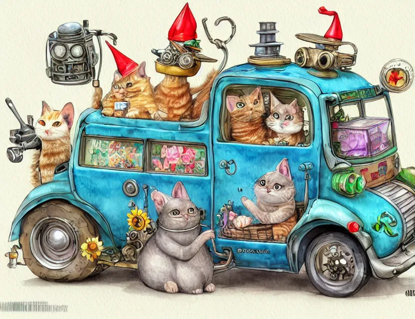 Image similar to cute and funny, a garden gnome driving a steampunk bus, a cat on the roof holding on, ratfink style by ed roth, centered award winning watercolor pen illustration, isometric illustration by chihiro iwasaki, edited by range murata, tiny details by artgerm and watercolor girl, sharply focused