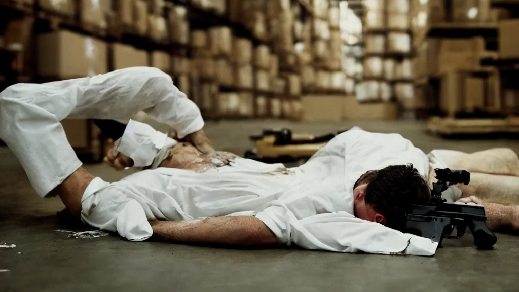 Prompt: film still of a wounded man in a white shirt laying in a warehouse next to a gun on the ground. moody, grainy, 4 k, high detail, aesthetic, good composition, anatomically correct, directed by wes anderson,