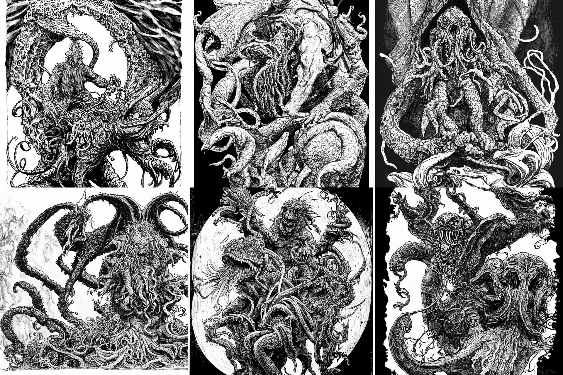 Prompt: highly detailed ink illustration of a hobbit riding cthulhu in a circus, b & w clean shaped illustration by kim jung gi