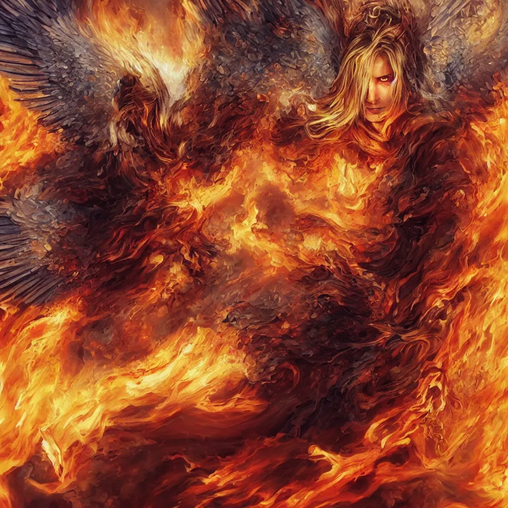 Image similar to oil painting of a wrathful archangel Michael with fluffy blond curls of hair and piercing eyes, with scintillating holy radiance and luminous eyes, against a hellish flaming battlefield and a lot of smoke, darkart, hyperdetailed, hyperealistic, cinematography, 16k, 3D, Artstation, Deviantart, very beautiful