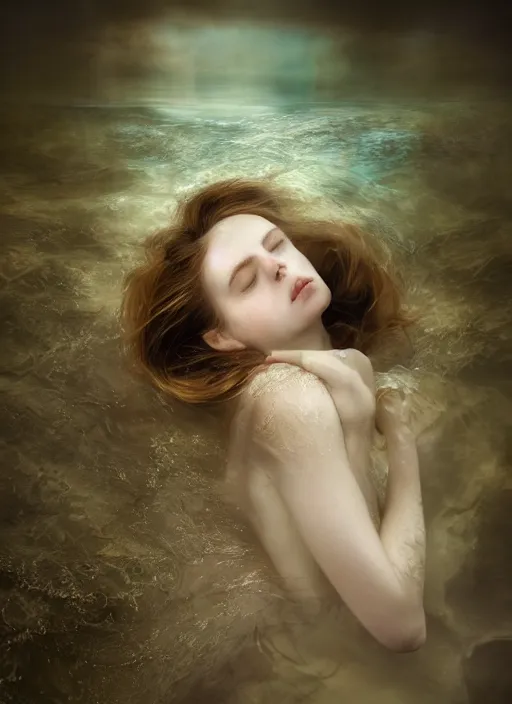 Image similar to Kodak Portra 400, 8K, soft light, volumetric lighting, highly detailed, britt marling style 3/4 by Martin Stranka , portrait photography of a beautiful woman with her eyes closed,inspired by Ophelia Millais Paint , the face emerges from water of Pamukkale, underwater face, anatomical real full body dressed ethereal lace dress floating in water surface , the hair are intricate with highly detailed realistic beautiful brunches and flowers like crown, Realistic, Refined, Highly Detailed, soft blur background, outdoor soft pastel lighting colors scheme, outdoor fine art photography, Hyper realistic, photo realistic