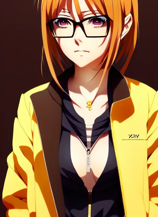 Prompt: anime portrait of a handsome woman, brown hair, yellow - orange eyes, wearing gold glasses and dark jacket, ilya kuvshinov, anime, pixiv top monthly, trending on artstation, cinematic, danbooru, zerochan art, kyoto animation