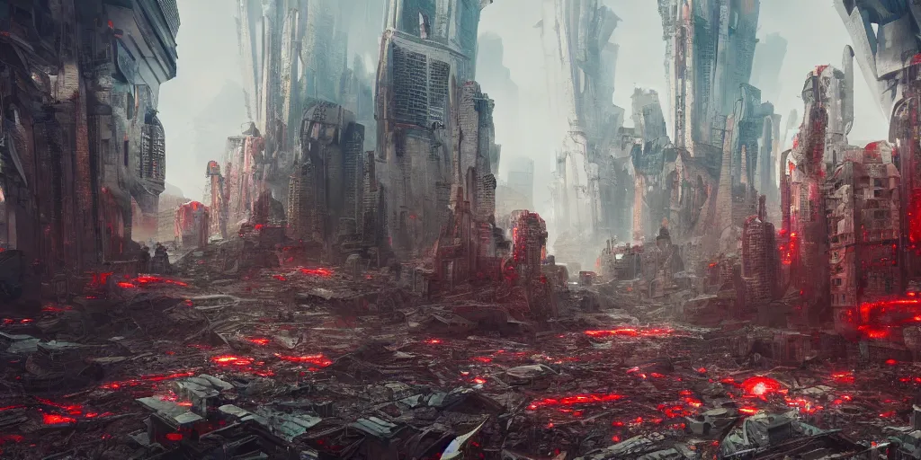 Image similar to futuristic city halfway overtaken by the red rot disease, crumbling buildings turning into flesh, unreal octane render, digital art, highly detailed, epic composition, nice contrast, 4 k, trending on artstation