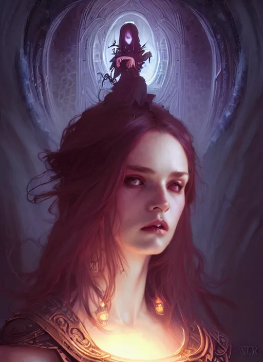 Image similar to Necromancer Sorceress, fantasy magic, undercut hairstyle, dark light night, intricate, elegant, sharp focus, illustration, highly detailed, digital painting, concept art, matte, art by WLOP and Artgerm and Greg Rutkowski and Alphonse Mucha, masterpiece