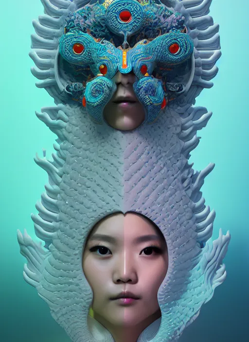 Image similar to 3 d goddess medium shot profile portrait. beautiful intricate highly detailed korean gumiho mask and traditional korean hanbok. stingray, magpie, bioluminescent, plasma, lava, ice, water, wind, creature, fog, artwork by tooth wu and wlop and beeple and greg rutkowski, 8 k trending on artstation,