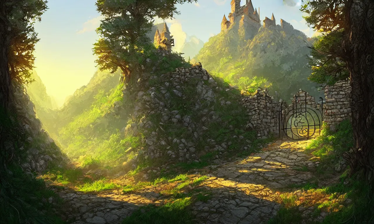 Prompt: digital painting of a small castle town closed off by large metal gate, border, behind a forest, large mountains in back, vector art, high detail, warm lighting, vivid, beautiful, trending on artstation, by Jordan grimmer, no focus, huge scene, grass