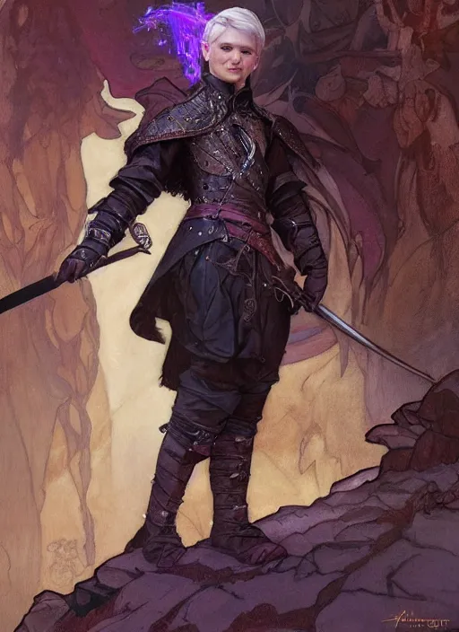 Prompt: a nonbinary hobbit wearing leather armour and a purple smoking jacket, short brown hair. fantasy concept art. moody epic painting by james gurney, and alphonso mucha. artstationhq. painting with vivid color. ( dragon age, witcher 3, arcane, lotr )