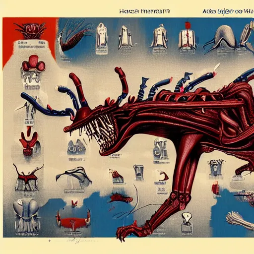 Image similar to anatomically correct diagram of alien, quadruped, h. r. giger, red and blue, 8 feet fall, monstrous, fiendish, high detail, cinematic, wes anderson