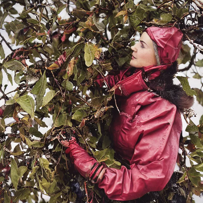 Image similar to a closeup portrait of a woman wearing a ski suit made of rusted metal scraps, picking plums from a tree in an orchard, foggy, moody, photograph, by vincent desiderio, canon eos c 3 0 0, ƒ 1. 8, 3 5 mm, 8 k, medium - format print