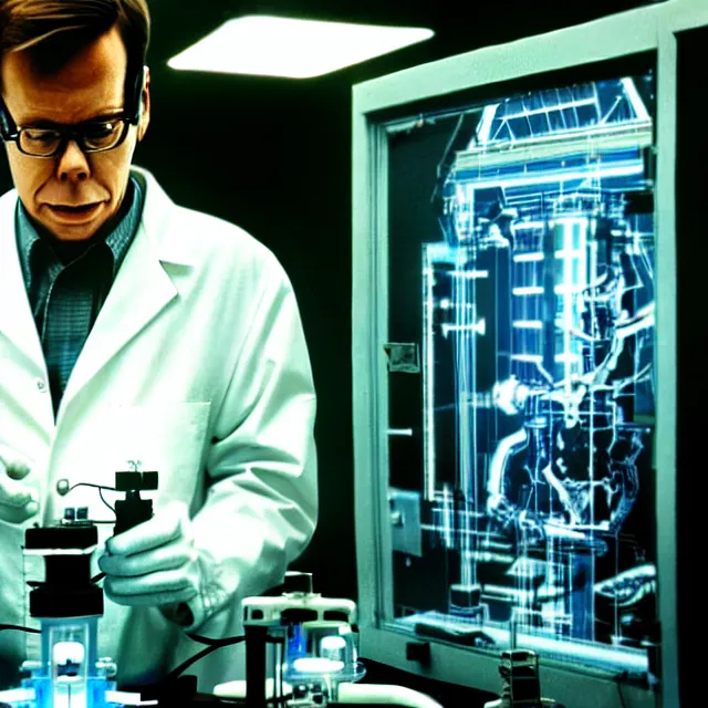 Image similar to a photo of bob lazar fixing alien fusion micro - reactor in lab inside area 5 1, cinematic lighting, detailed symmetrical face, photorealistic, highly detailed