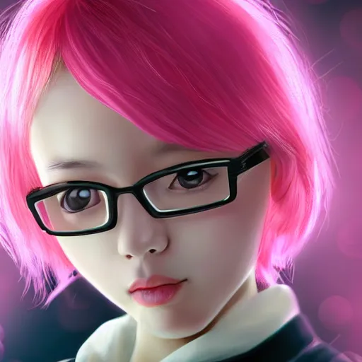 Prompt: nice japanese young girl portrait, pink short hair, big eyes, pink glasses, white tights, future science and technology machinery scarves with gold fine metal texture 3 d, cool color palette, cinematic, epic, futuristic, an ultrafine detailed illustration by nixeu