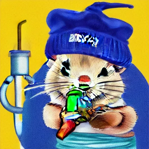 Prompt: stoner hamster wearing a beanie smoking a bong