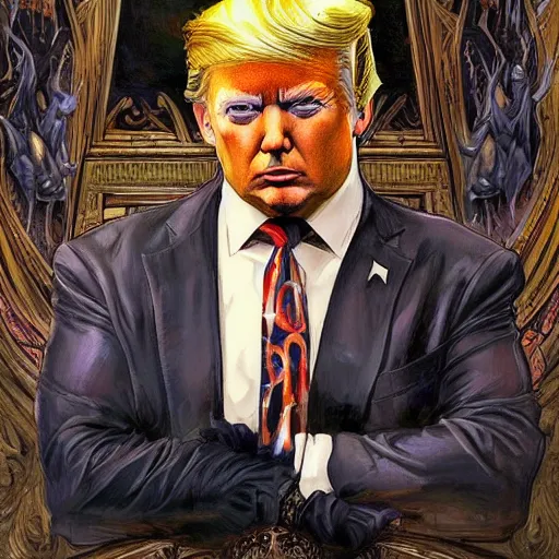 Image similar to an art nouveau painting of donald trump in the style of donato giancola, and in the style of charlie bowater, and in the style of claudio errico. symmetry, smooth, sharp focus, semi - realism, intricate detail.