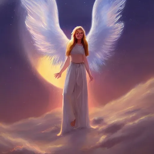 Image similar to a painting of an angel, a young woman with long blond hair and a halo smiling in heaven, jessica rossier