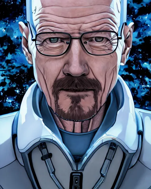 Image similar to portrait of walter white as a robot, cybernetic enhancements, art by makoto shinkai and alan bean, yukito kishiro