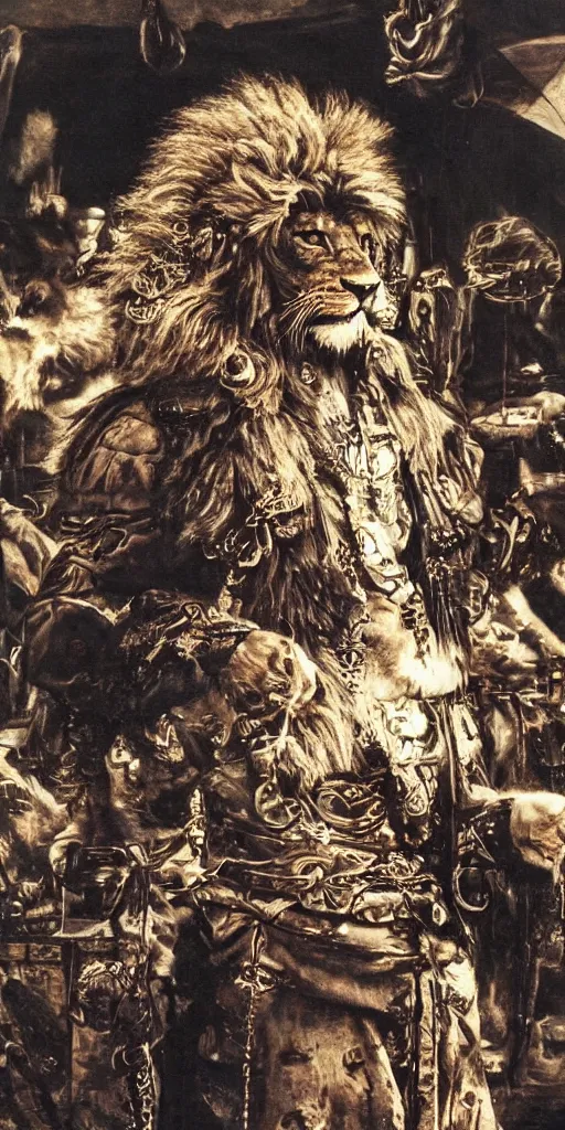 Image similar to 8 k yoshitaka amano painting of upper body of a young cool looking lion beastman with white mane at a medieval market at windy day. depth of field. he is wearing complex fantasy clothing. he has huge paws. renaissance style lighting.