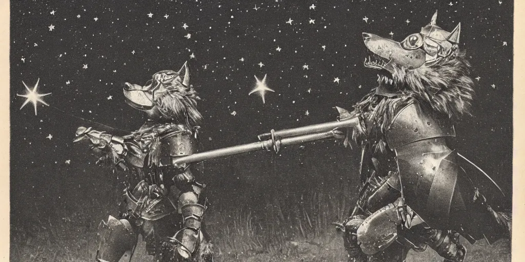 Image similar to anthropomorphic furry wolf in armor looking at the stars, 1900s picture