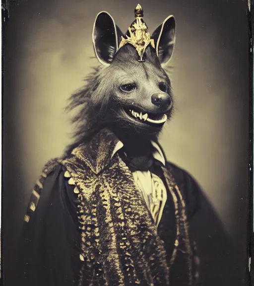 Image similar to professional studio photo portrait of anthro anthropomorphic spotted hyena head animal person fursona smug smiling wearing elaborate pompous royal king robes clothes gold frame by Louis Daguerre daguerreotype tintype