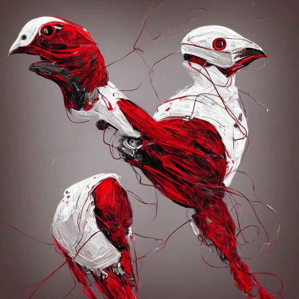 Image similar to beautiful artistic highly detailed portrait robotic bird, with head phones, digital painting, digital art, beautiful, cinematic, 4 k, ultra hd, art by frank miller, dynamic lighting, gradient dark red, cream and white color scheme