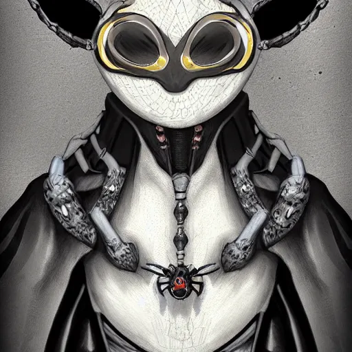 Prompt: head & shoulder portrait of an anthropomorphic spider wearing a black robe and lots of amulets and rings. d & d character commission, anoli pathfinder, trending on artstation