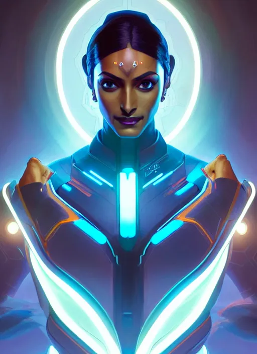 Image similar to symmetry portrait of symmetra from overwatch, closeup, sci - fi, tech wear, glowing lights intricate, elegant, highly detailed, digital painting, artstation, concept art, smooth, sharp focus, illustration, art by artgerm and greg rutkowski and alphonse mucha