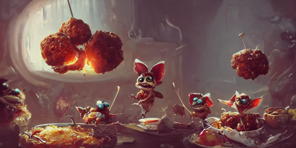 Image similar to gremlins addicted to meatballs, Greg Rutkowski, Darek Zabrocki, Karlkka, Jayison Devadas, Phuoc Quan, trending on Artstation, 8K, ultra wide angle, pincushion lens effect.