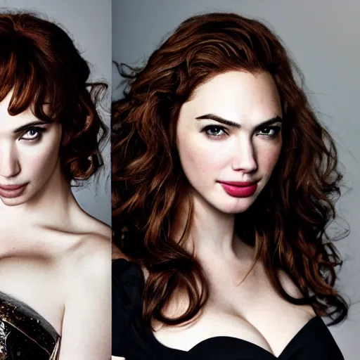 Image similar to portrait of christina hendricks and gal gadot and kate upton hybrid by mario testino, headshot, detailed, award winning, sony a 7 r