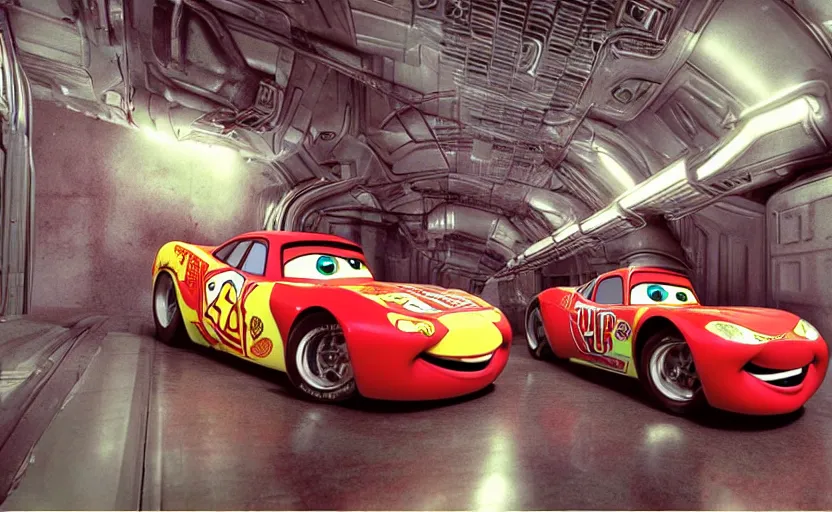 Image similar to lightning mcqueen and mater from cars in a fractal hallway, romance novel cover, in 1 9 9 5, y 2 k cybercore, industrial photography, still from a ridley scott movie