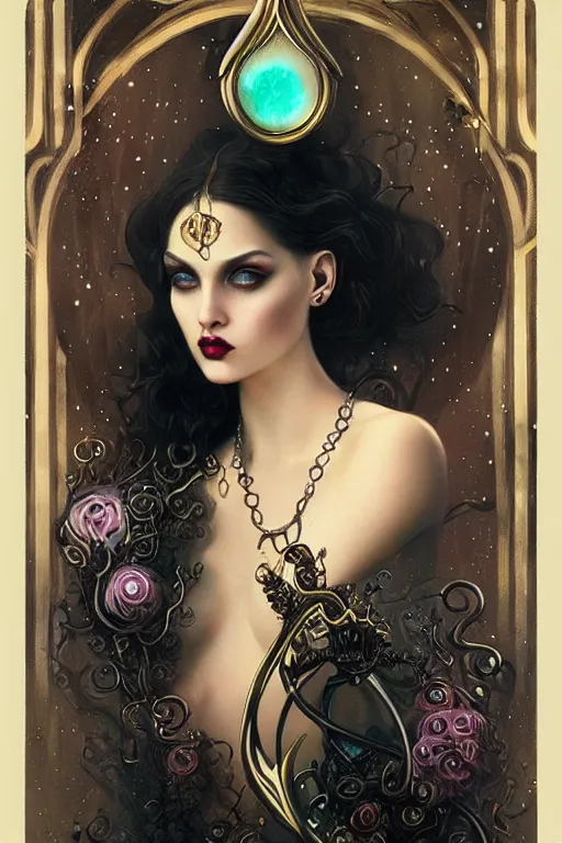 Prompt: black Crown with iridescent pearls, jewels, other worldly, art nouveau, by Anato Finnstark, Tom Bagshaw, Brom
