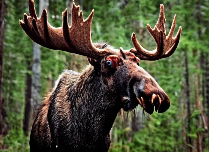 Prompt: an award winning photo of an! undead!!! zombie!! moose with red eyes, full body portrait, decay, mold, evening!! in the forest, 4 k, wildlife photography, high quality, national geographic