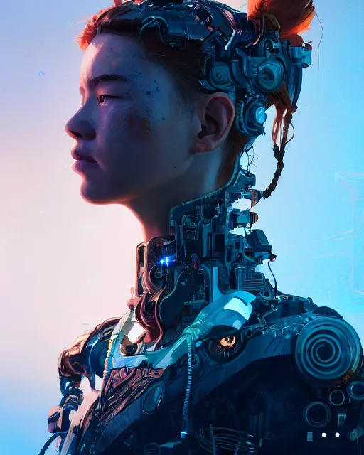 Image similar to portrait of Aloy as a cyborg. intricate abstract. intricate artwork. by Tooth Wu, wlop, beeple, dan mumford. octane render, trending on artstation, greg rutkowski very coherent symmetrical artwork. cinematic, hyper realism, high detail, octane render, 8k, iridescent accents