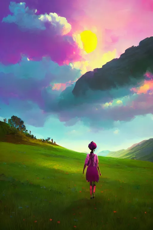 Image similar to giant daisy flower head, girl walking in the mountains, surreal photography, sunrise, dramatic light, impressionist painting, colorful clouds, digital painting, artstation, simon stalenhag