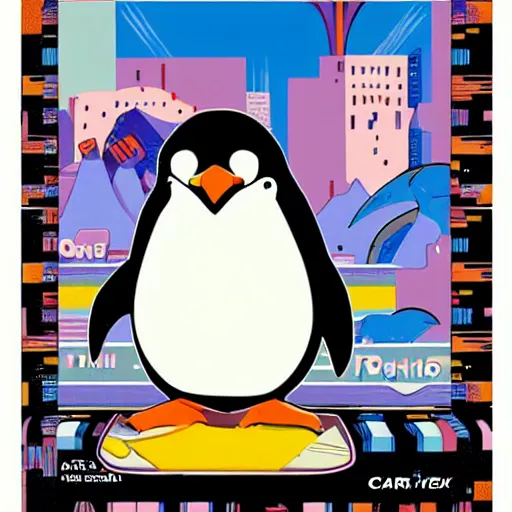 Prompt: fat penguin key art in a cartridge, rectangle sticker illustration, cartucho snes, super nintendo cartridge