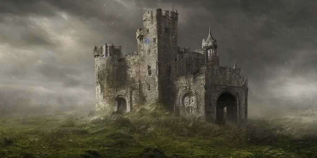 Prompt: matte painting, castle, dramatic landscape, overgrown, cinematic, overcast, interior light, rain