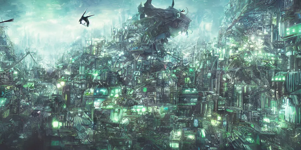 Prompt: future city covered by forest creature, flying, culture, smooth, crash, war, battle, cyberpunk, monster, gravity mess, by studio ghibli