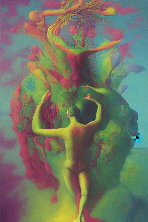 Prompt: psychodelic colourful shiny beautiful harmony painting by zdzisław beksinski