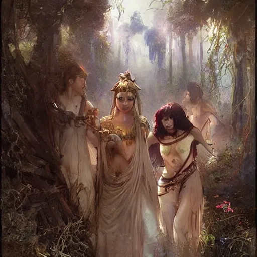 Prompt: beautiful female acolytes kidnapping maidens from a village. incredible detail. by richard schmid and by tom bagshaw and by magali villeneuve and by wlop